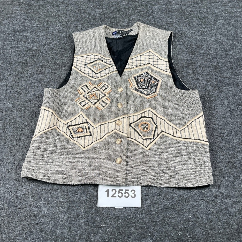 Vintage I.B. Diffusion Vest Womens 8 Gray Geometric Cotton Beaded Embroidered